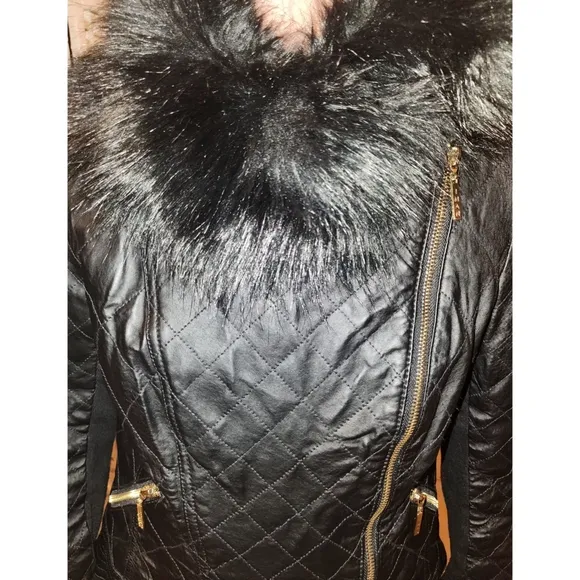 IMAN Women's Genuine Leather Moto Quilted Jacket w/ Faux Fur Trim Size M