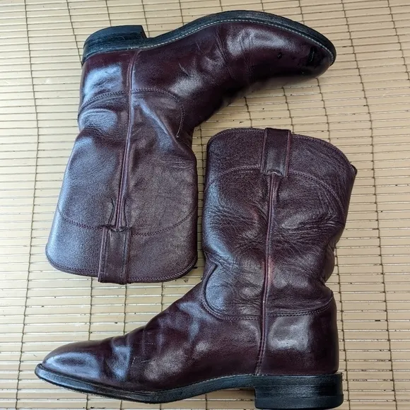 Justin Boots Style 3037  Burgundy Wine Leather  Roper Cowboy Boots Made In USA M