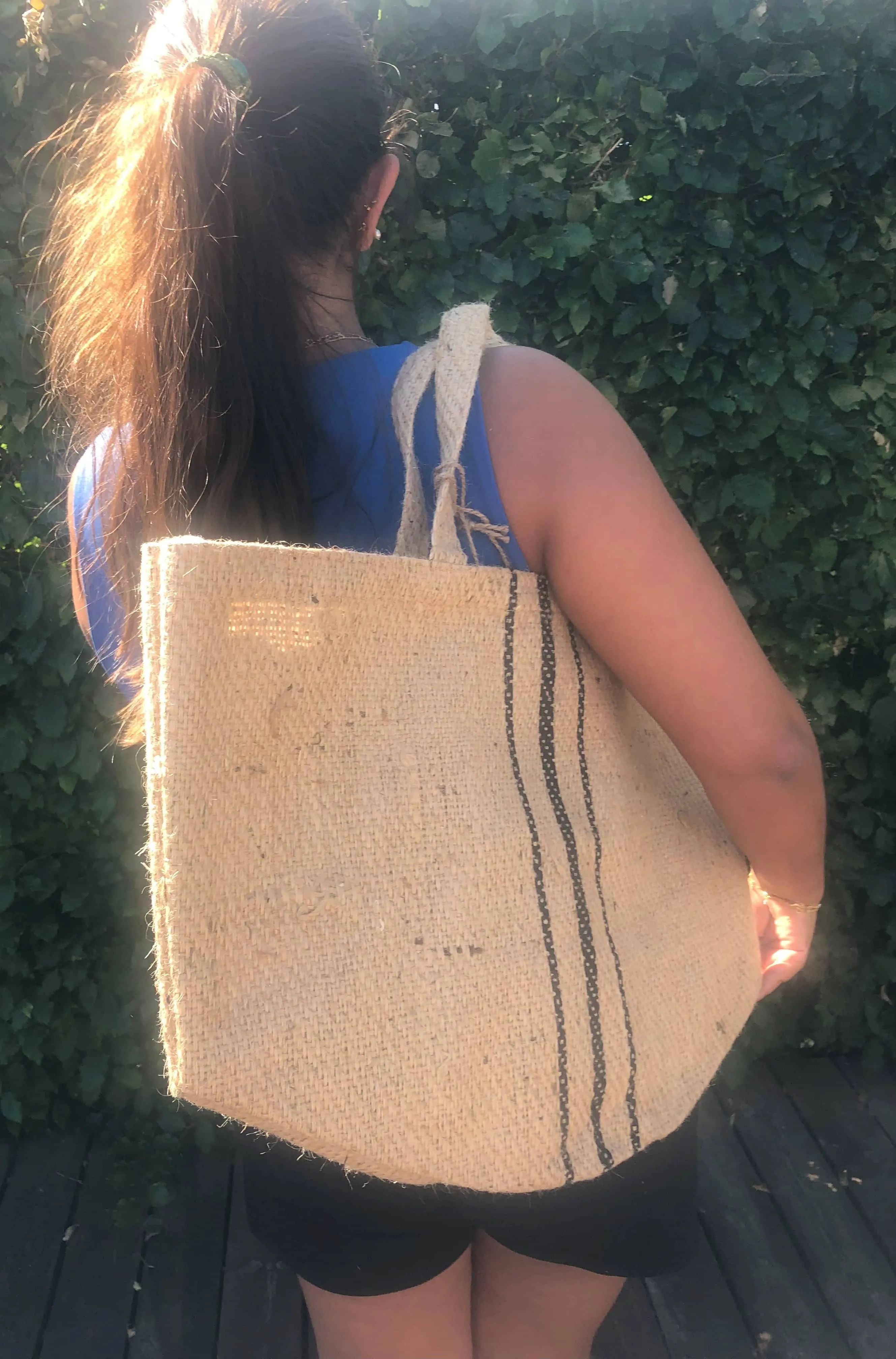 Jute Strandtaske m. Sorte Striber