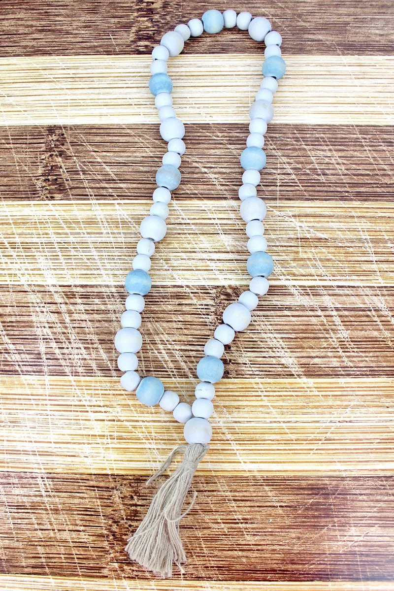 Light Blue and White Wood Beaded Jute Tassel Decor, 18"