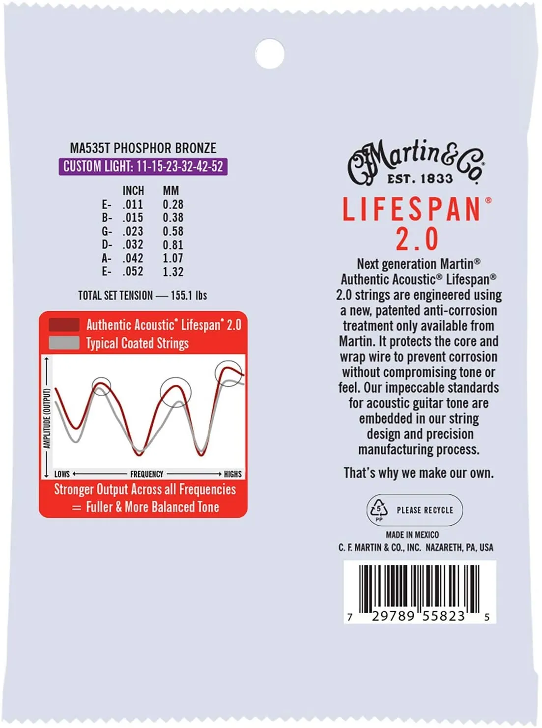 MARTIN MA535T CUSTOM LIGHT 11 - 52 PHOSPHOR BRONZE AUTHENTIC ACOUSTIC LIFESPAN® 2.0 GUITAR STRINGS
