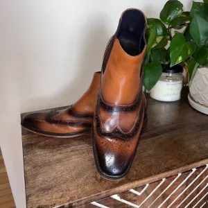 Men's Asher Green Brown/Tan Wingtip Ankle Boots, Business Casual Dressy-9.5