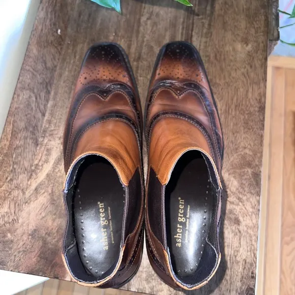 Men's Asher Green Brown/Tan Wingtip Ankle Boots, Business Casual Dressy-9.5