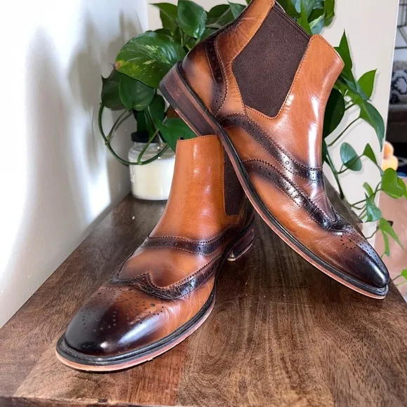 Men's Asher Green Brown/Tan Wingtip Ankle Boots, Business Casual Dressy-9.5