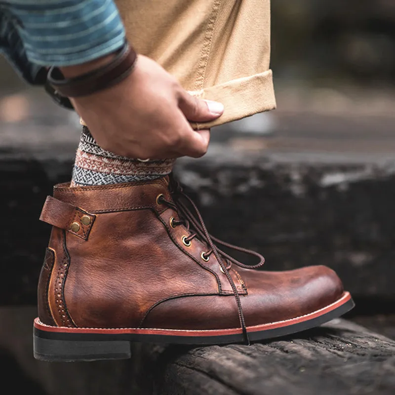 Mens Brogue Leather Look Boots