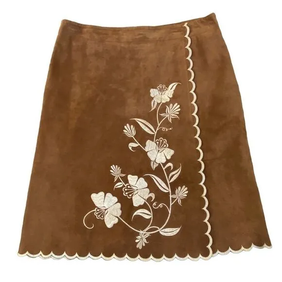 New Frontier Embroidered Scalloped Trim 100% Leather A-Line Skirt Sz 8