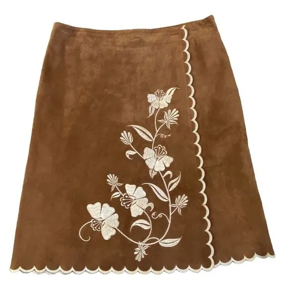 New Frontier Embroidered Scalloped Trim 100% Leather A-Line Skirt Sz 8