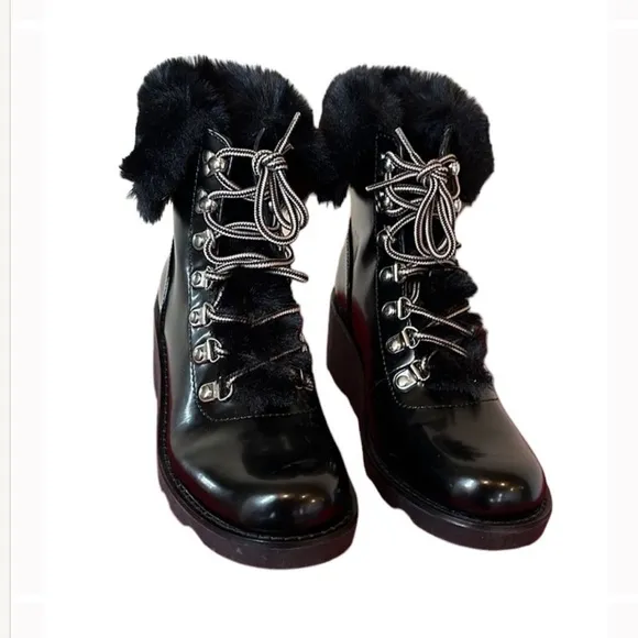 NEW | INC International black patent lace up wedge ankle boots faux fur Sz 6.5