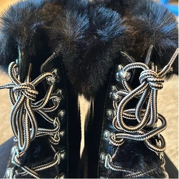 NEW | INC International black patent lace up wedge ankle boots faux fur Sz 6.5