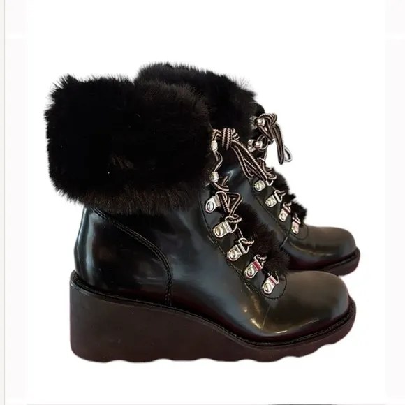 NEW | INC International black patent lace up wedge ankle boots faux fur Sz 6.5