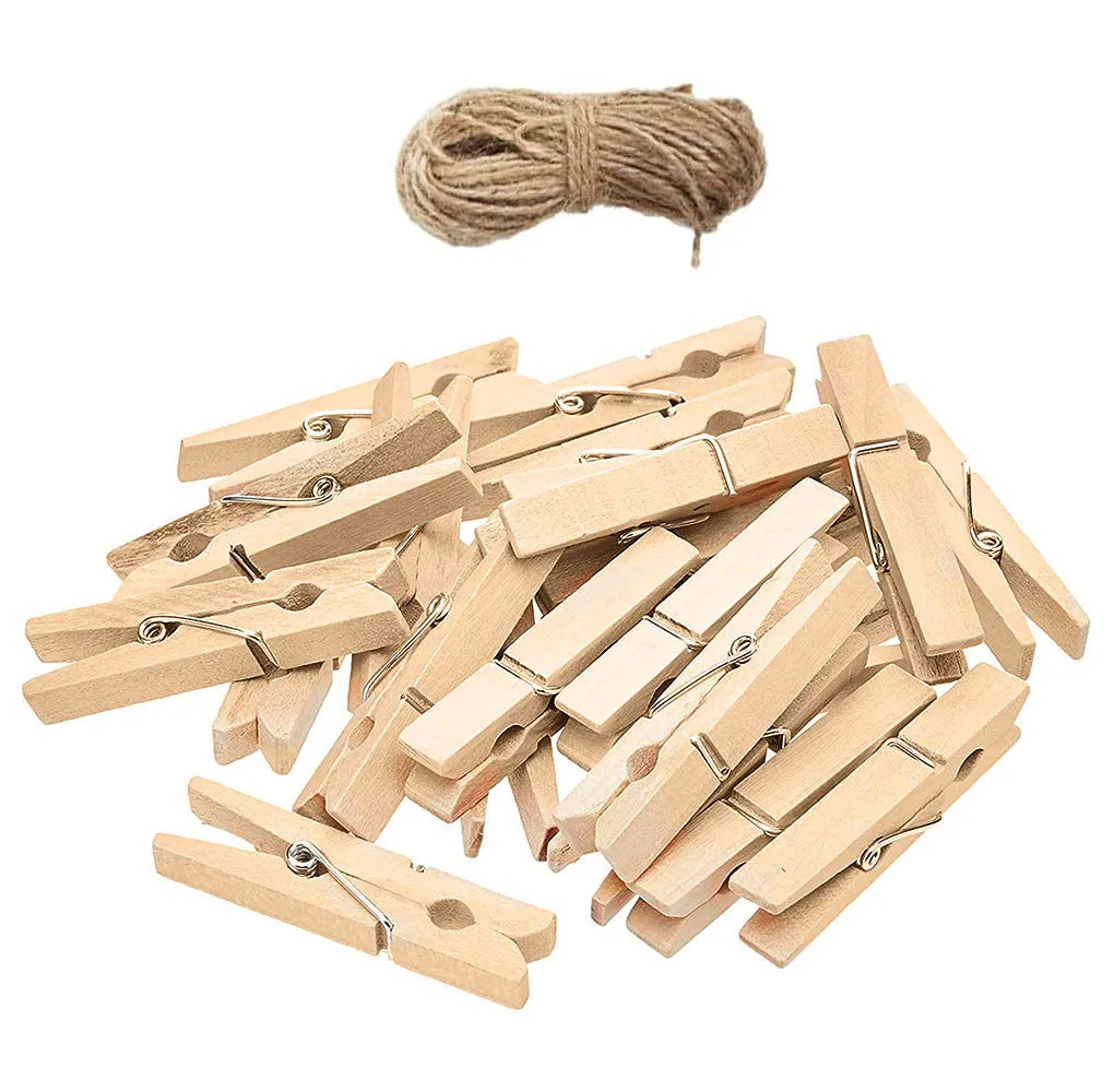 New Wooden Clips, Pack of 20, Includes Jute String