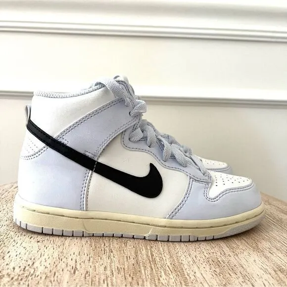 Nike Kids Dunk High &quot;Aluminum&quot; Sneakers in white/blue with black swoosh Size 13