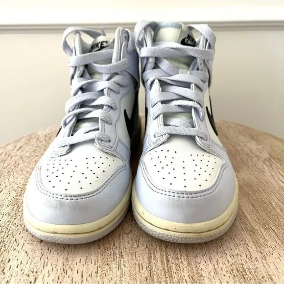 Nike Kids Dunk High &quot;Aluminum&quot; Sneakers in white/blue with black swoosh Size 13