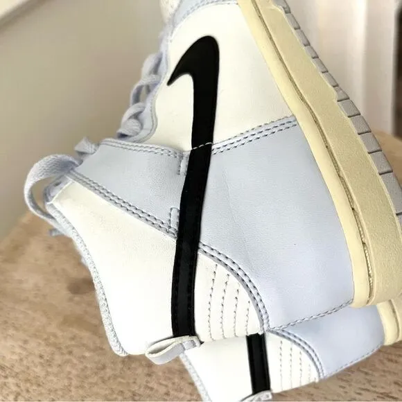 Nike Kids Dunk High &quot;Aluminum&quot; Sneakers in white/blue with black swoosh Size 13