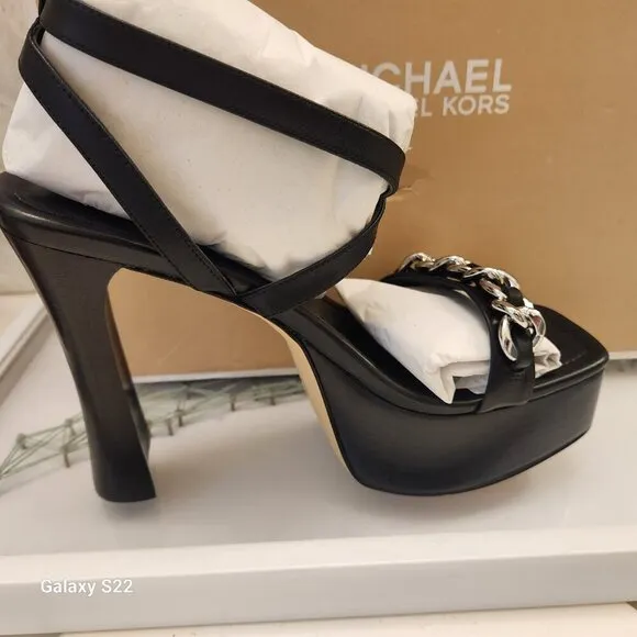 NWT Michael Kors Black Paola Chain Platform Black Leather 9.5. NIB