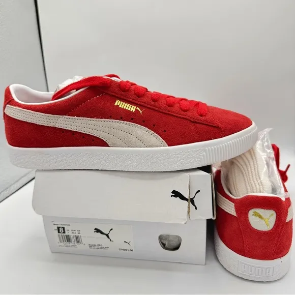 NWT Puma Suede VTG Textured Leather Sneakers , extra laces , high risk red white
