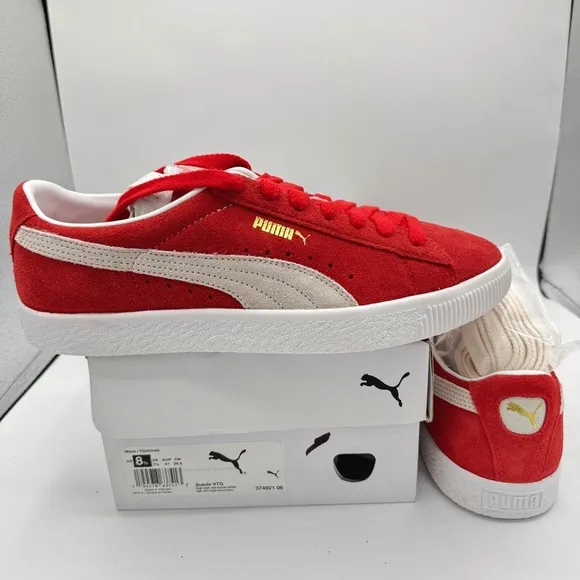 NWT Puma Suede VTG Textured Leather Sneakers , extra laces , high risk red white