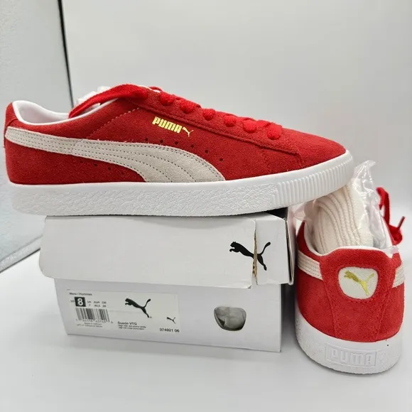 NWT Puma Suede VTG Textured Leather Sneakers , extra laces , high risk red white