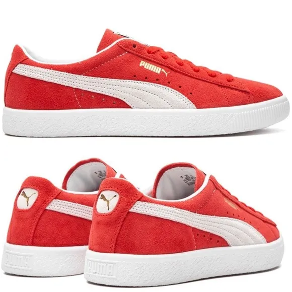 NWT Puma Suede VTG Textured Leather Sneakers , extra laces , high risk red white