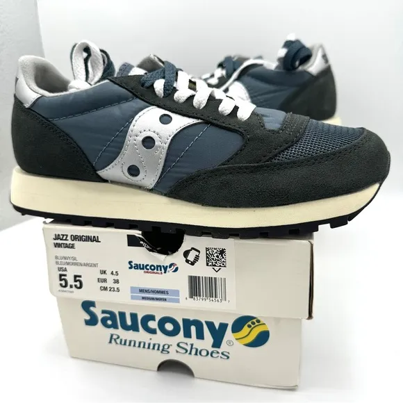NWT Saucony Jazz Vintage Classic Sneakers Navy Blue White Silver Original Shoes