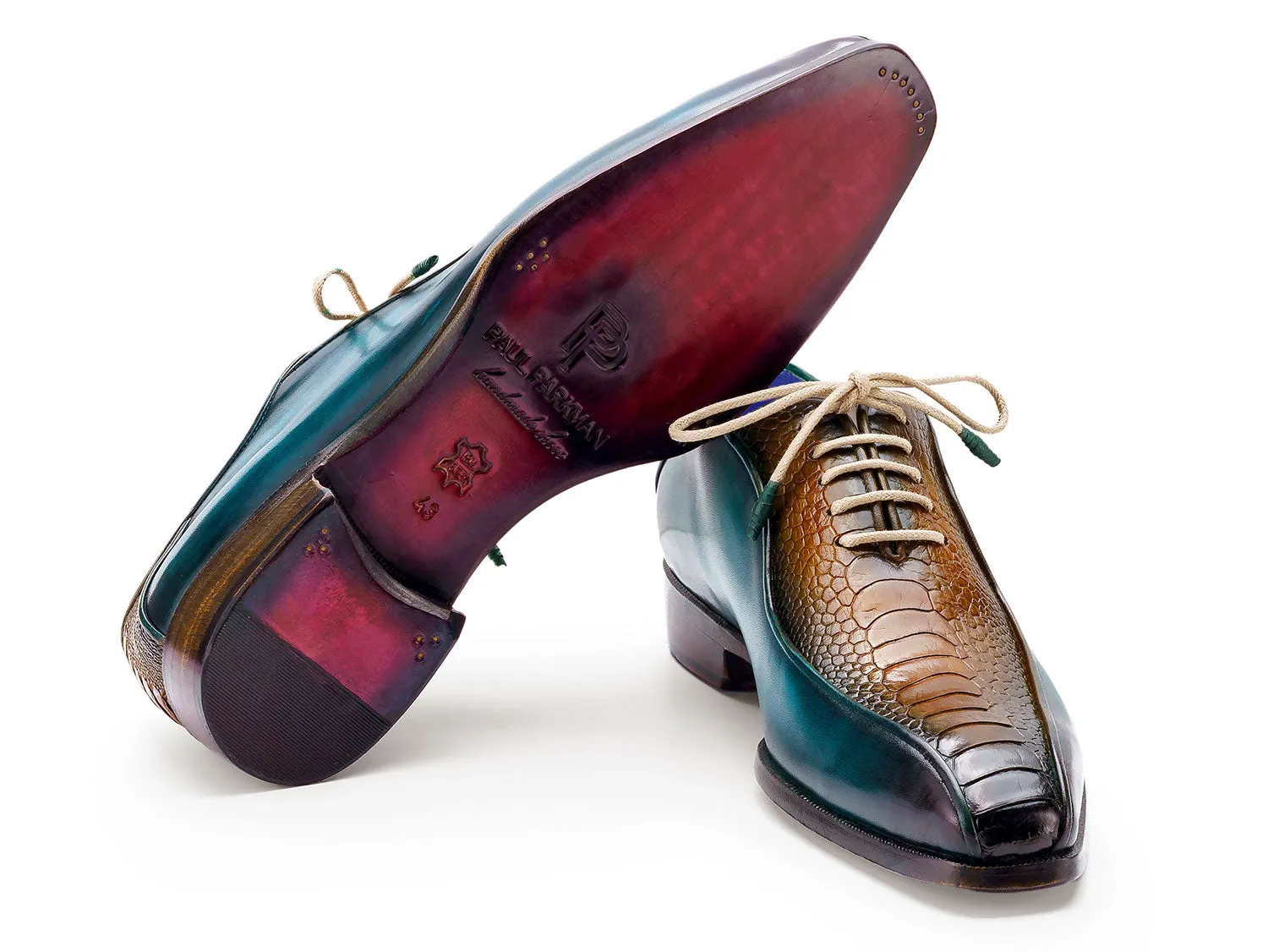 Paul Parkman Men's Genuine Ostrich Leg Bicycle Toe Oxfords in Green & Brown