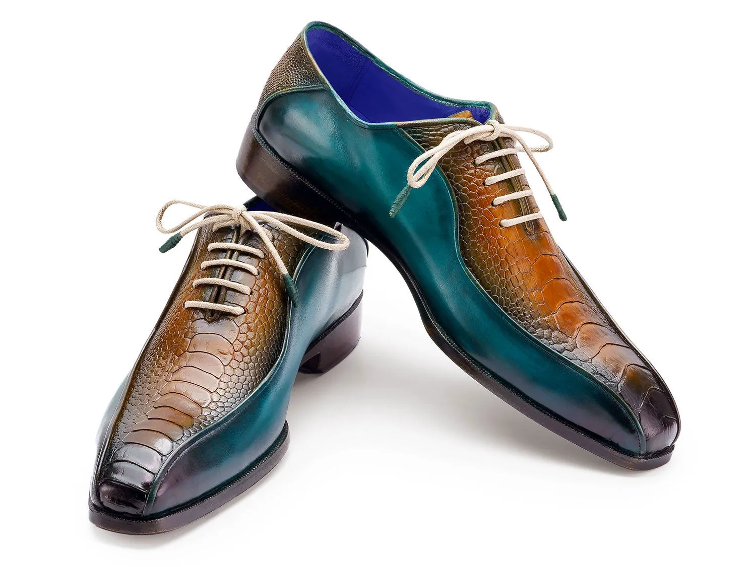 Paul Parkman Men's Genuine Ostrich Leg Bicycle Toe Oxfords in Green & Brown