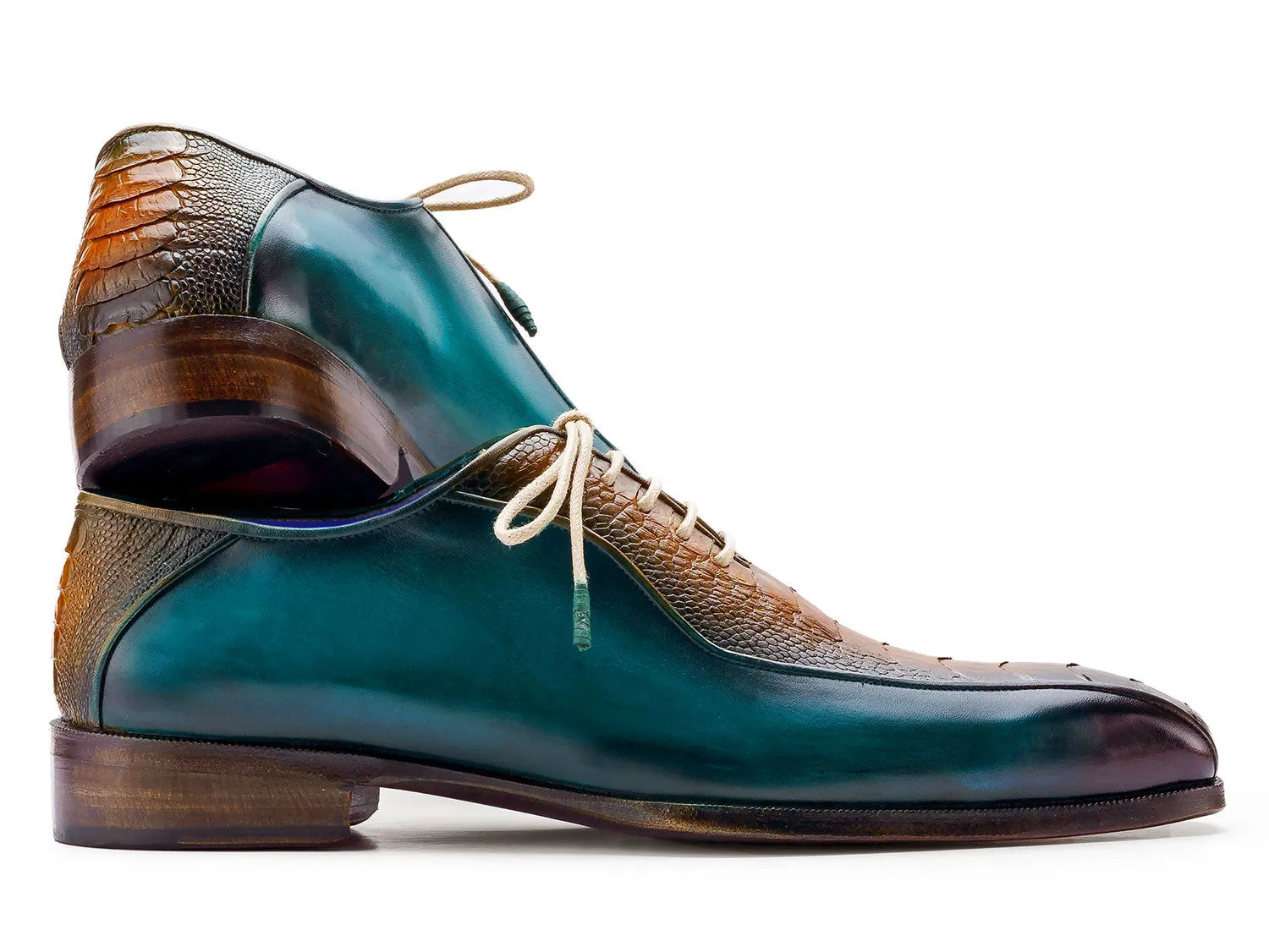 Paul Parkman Men's Genuine Ostrich Leg Bicycle Toe Oxfords in Green & Brown