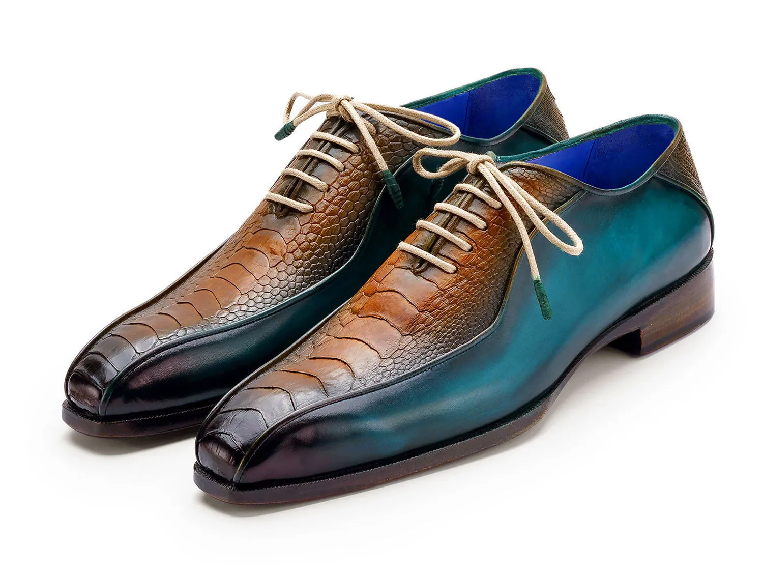 Paul Parkman Men's Genuine Ostrich Leg Bicycle Toe Oxfords in Green & Brown