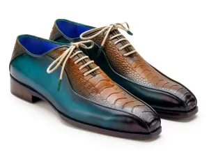 Paul Parkman Men's Genuine Ostrich Leg Bicycle Toe Oxfords in Green & Brown