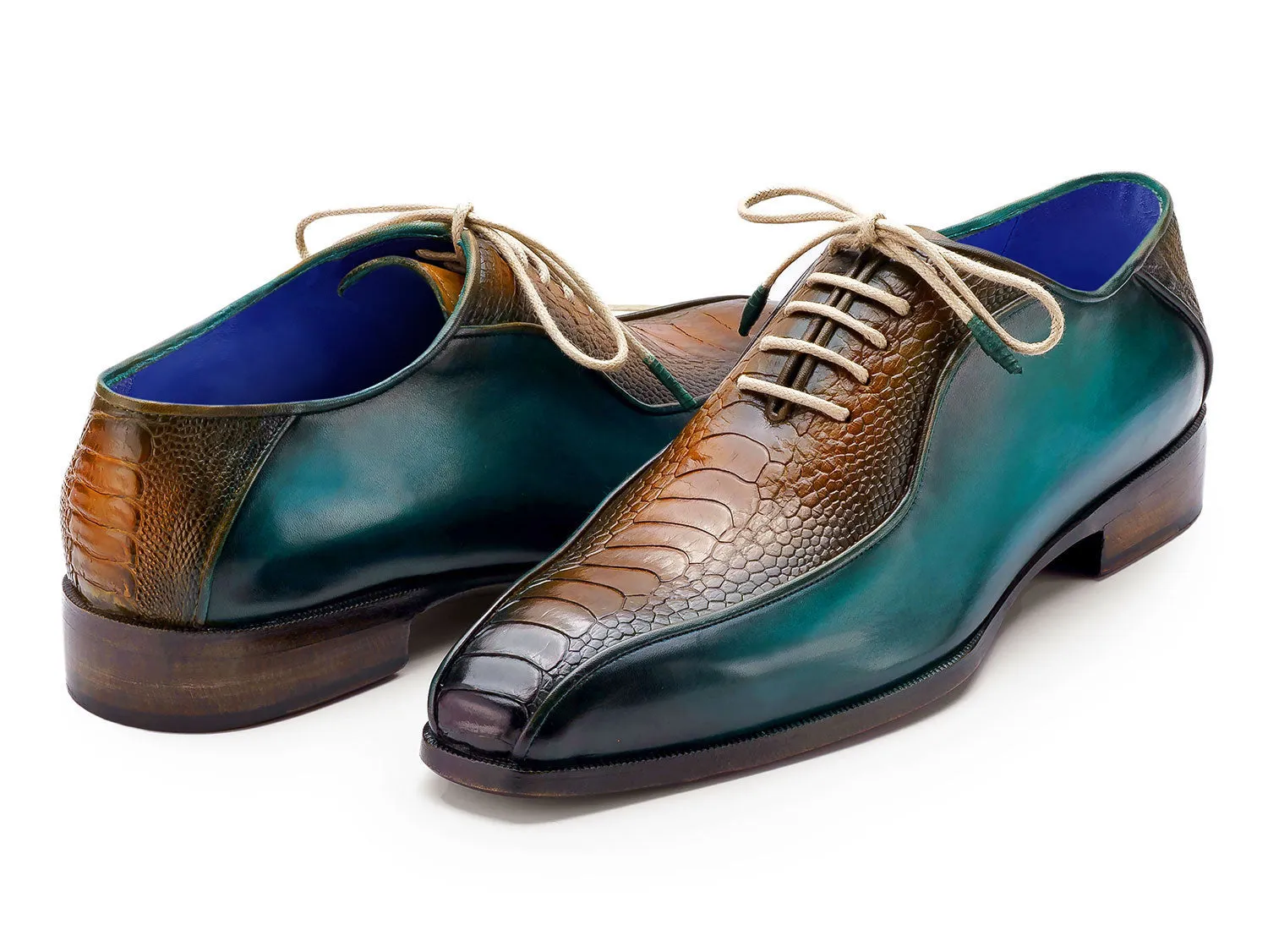 Paul Parkman Men's Genuine Ostrich Leg Bicycle Toe Oxfords in Green & Brown