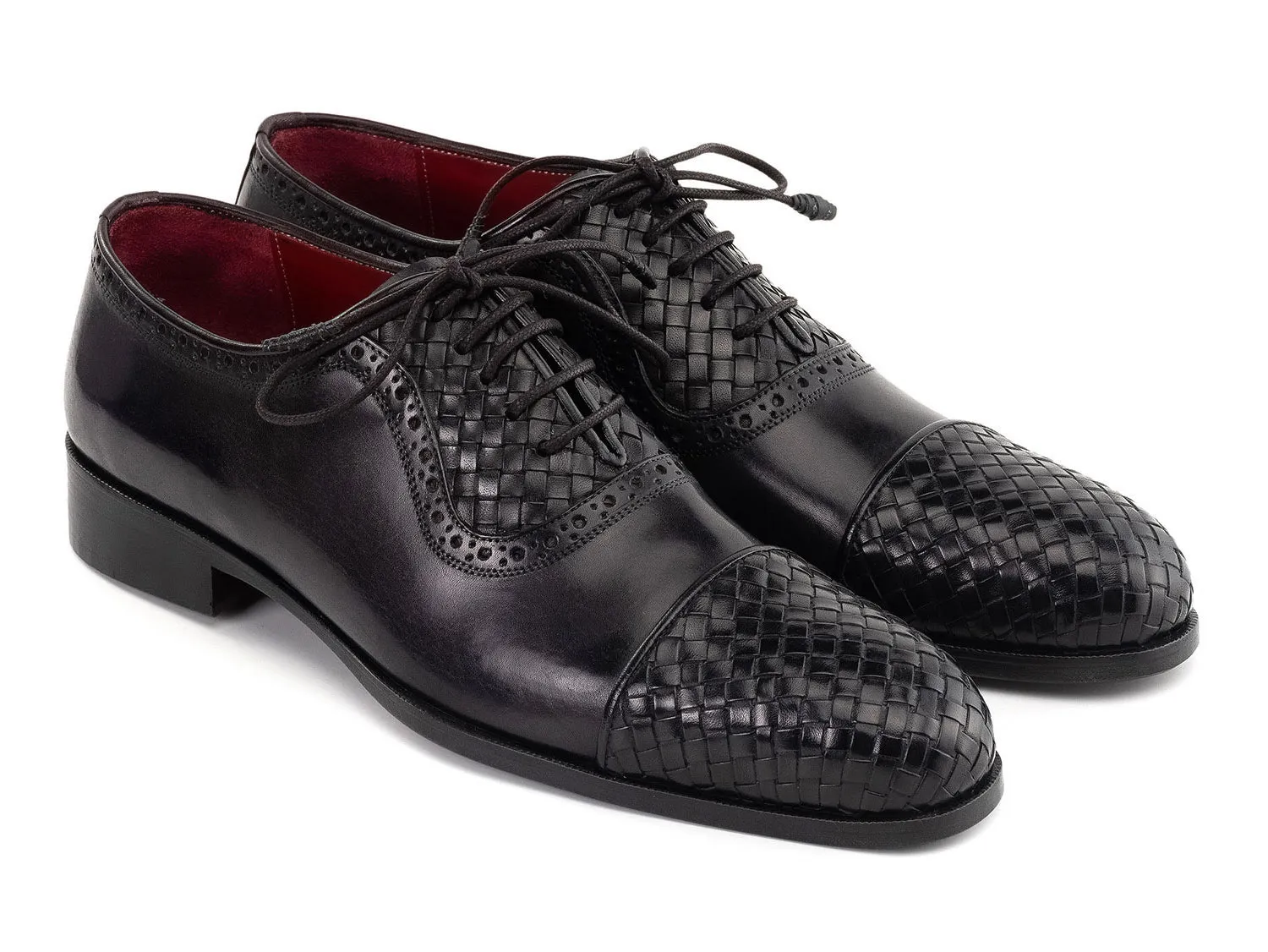 Paul Parkman Men's Woven Leather Cap Toe Oxford Shoes in Black