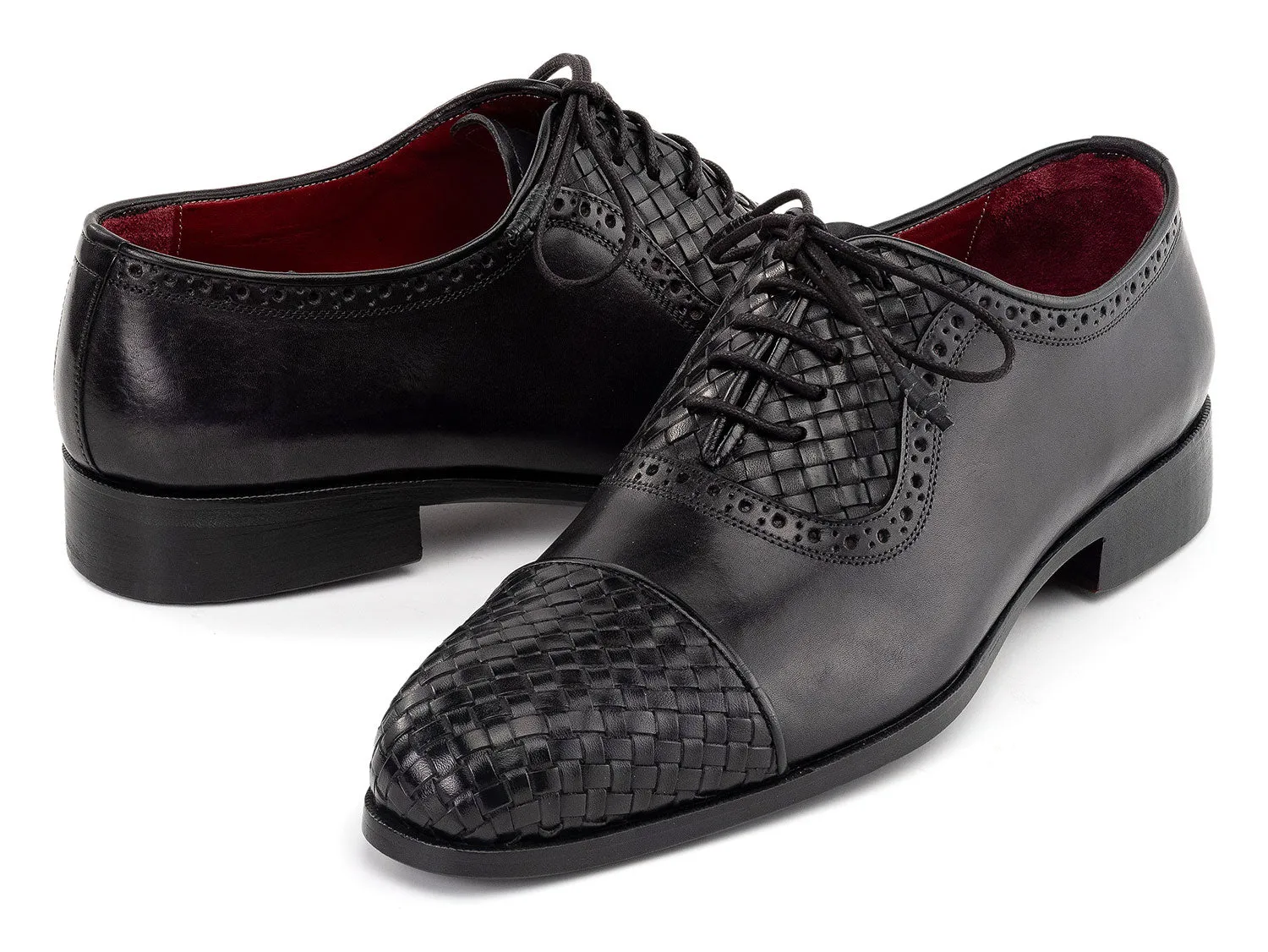 Paul Parkman Men's Woven Leather Cap Toe Oxford Shoes in Black