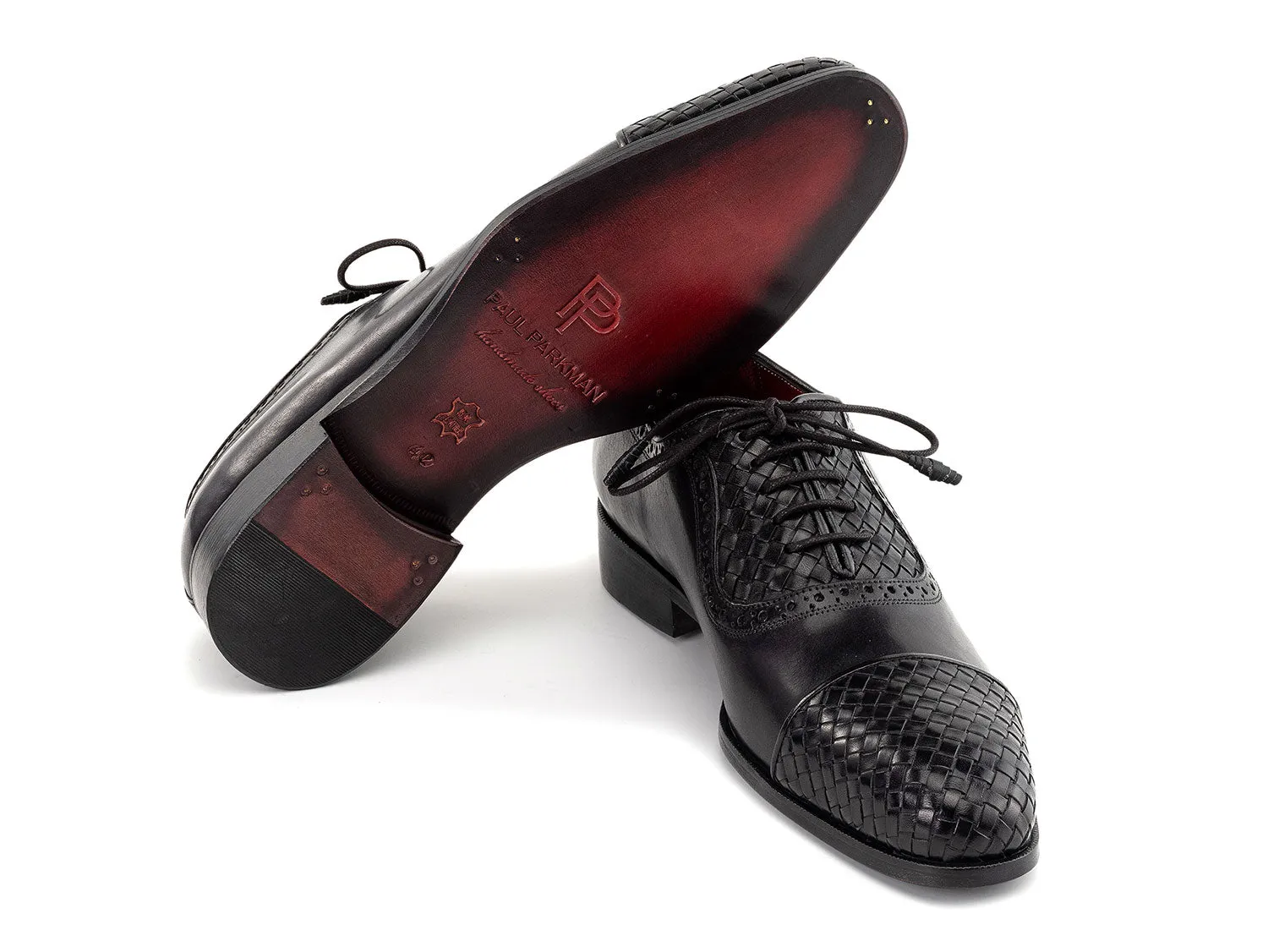 Paul Parkman Men's Woven Leather Cap Toe Oxford Shoes in Black