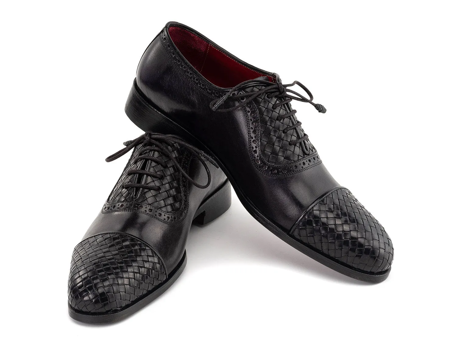 Paul Parkman Men's Woven Leather Cap Toe Oxford Shoes in Black