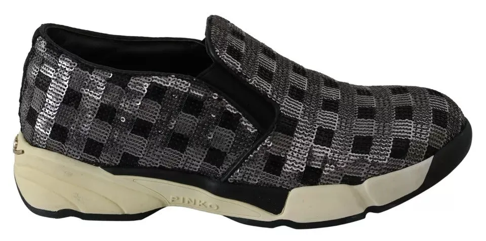 PINKO Silver Black Slip-on Sequence Design Sneakers Shoes