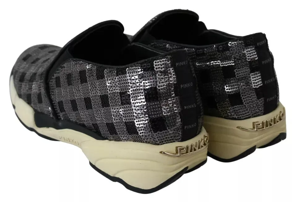 PINKO Silver Black Slip-on Sequence Design Sneakers Shoes