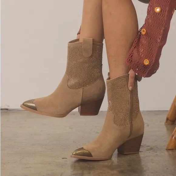 Rhinestone Studded Western Booties with Metal Toe - Oasis Society