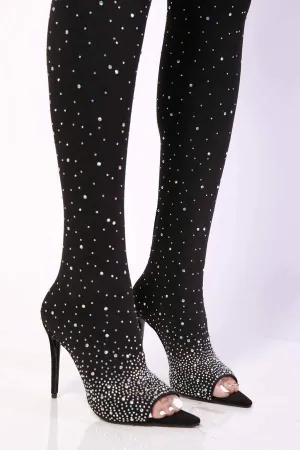 Rhinestone Thigh High Stocking Peep Toe Boots