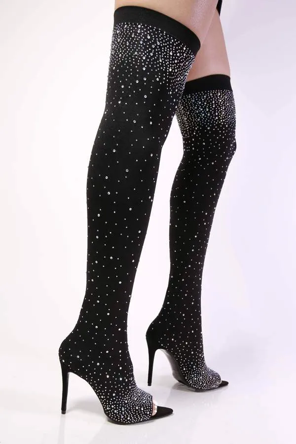 Rhinestone Thigh High Stocking Peep Toe Boots
