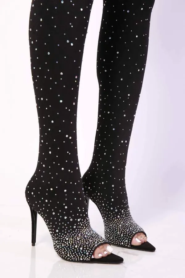Rhinestone Thigh High Stocking Peep Toe Boots
