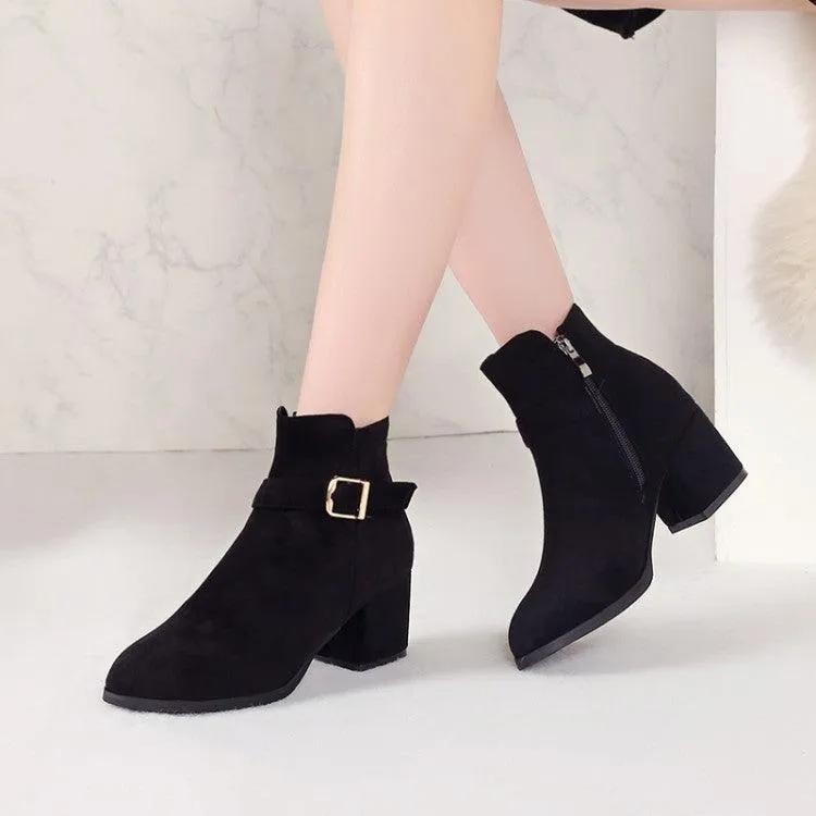 Round Toe Mid-heel Thick Heel Short Boots With Belt Buckle Martin Boots