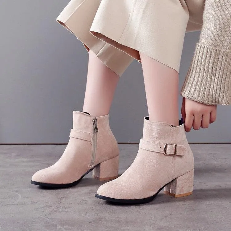 Round Toe Mid-heel Thick Heel Short Boots With Belt Buckle Martin Boots