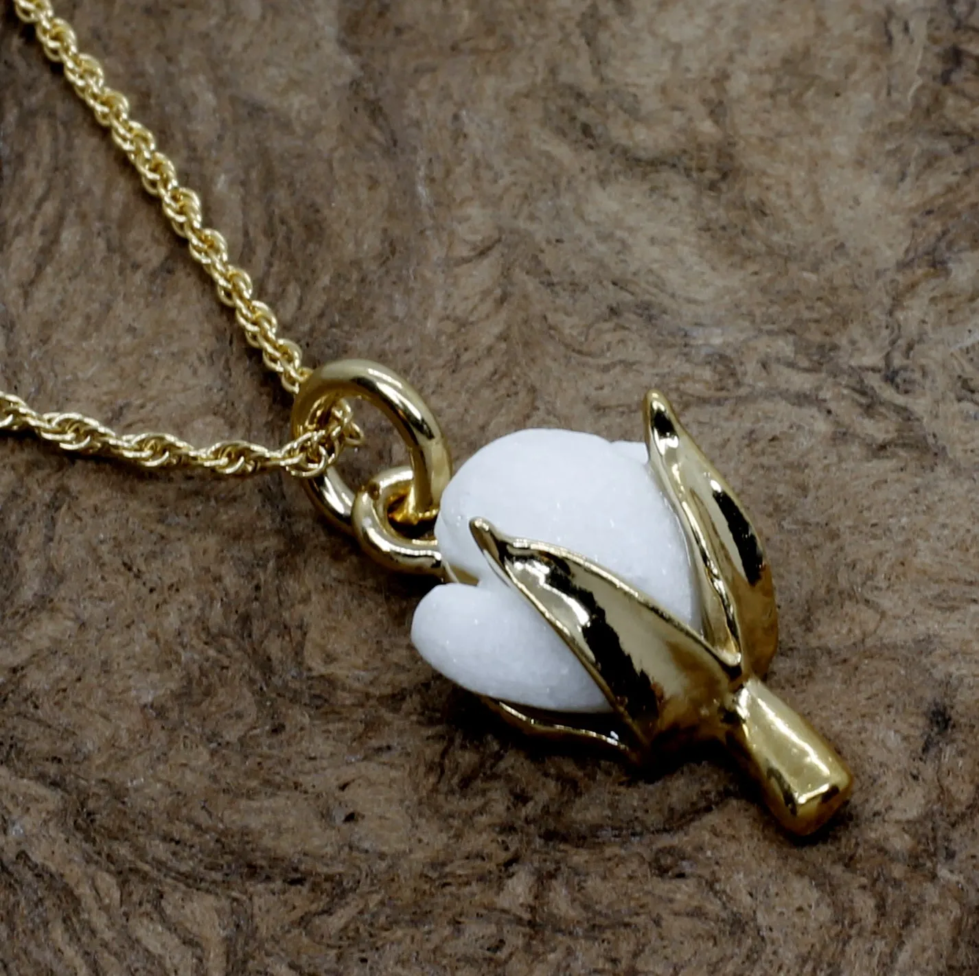 Second Anniversary Gift Handmade Cotton Boll Necklace in Gold Vermeil