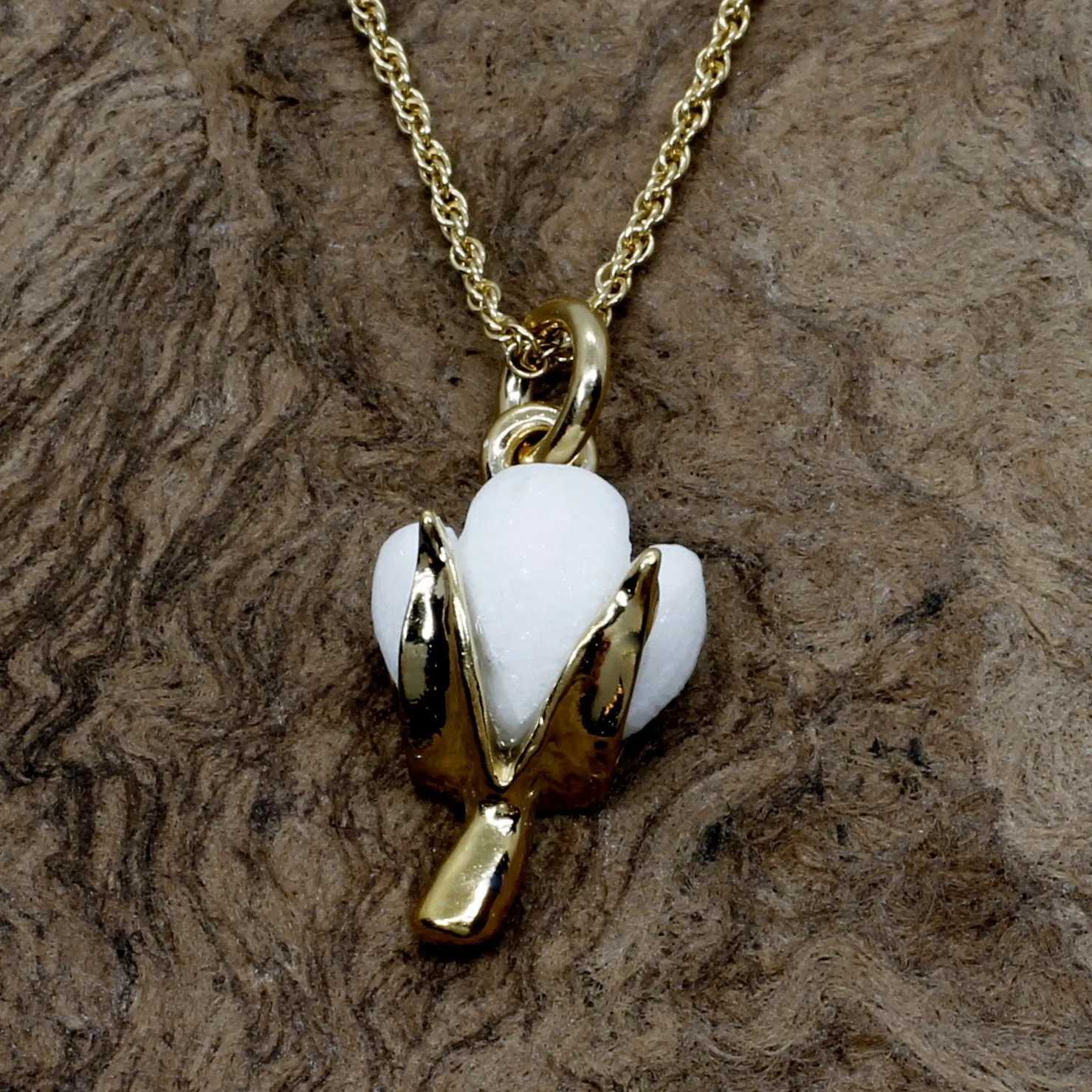 Second Anniversary Gift Handmade Cotton Boll Necklace in Gold Vermeil