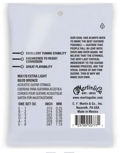 SET DE CUERDAS PARA GUITARRA ACUSTICA MARTIN CALIBRE 10-47 E.L AUTHENTIC