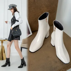 Side Zipper High Heel Patent Leather Martin Boots Square Toe Retro Boots Children