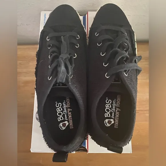 Skechers BOBS Women Espadrille Lace-Up Sneakers Platform Shoes Black Size 8