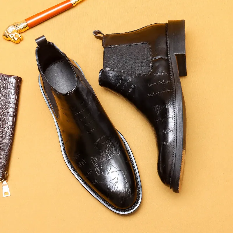 Top Layer Cowhide Men's Leather Shoes Chelsea Boots Men's Genuine Leather England Style Ankle Boots Pointed Carved Business Formal Wear High-Top Martin Boots89613