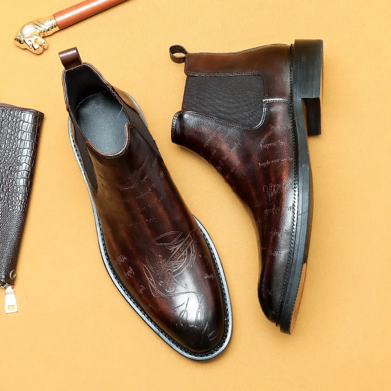 Top Layer Cowhide Men's Leather Shoes Chelsea Boots Men's Genuine Leather England Style Ankle Boots Pointed Carved Business Formal Wear High-Top Martin Boots89613