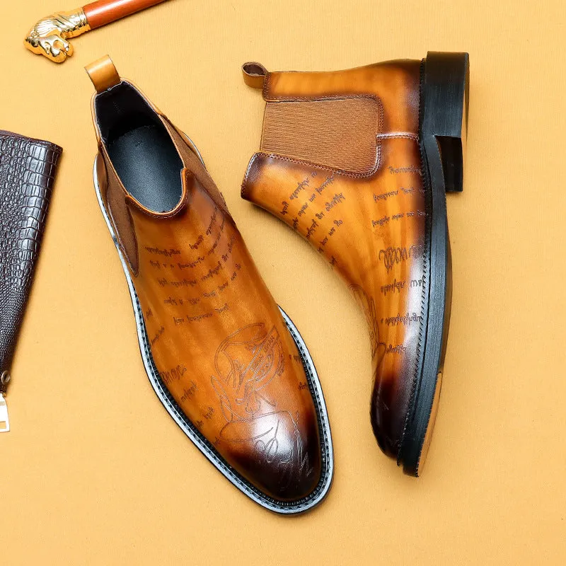 Top Layer Cowhide Men's Leather Shoes Chelsea Boots Men's Genuine Leather England Style Ankle Boots Pointed Carved Business Formal Wear High-Top Martin Boots89613